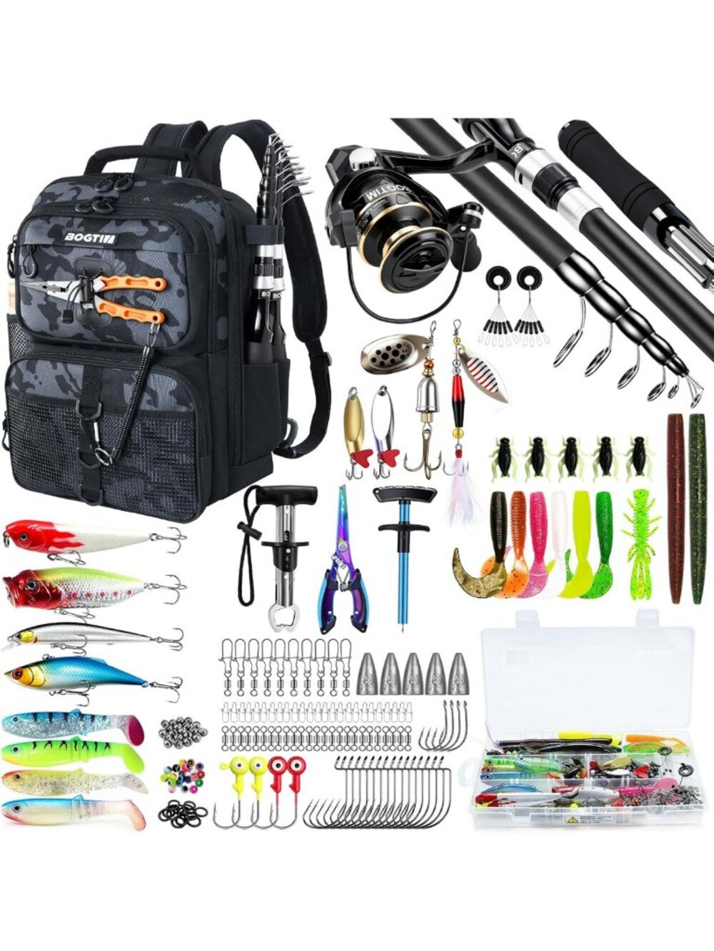 Fishing Backpack with Rod Holder, Tackle Boxes, Lures Kit & Fishing Gear Tools